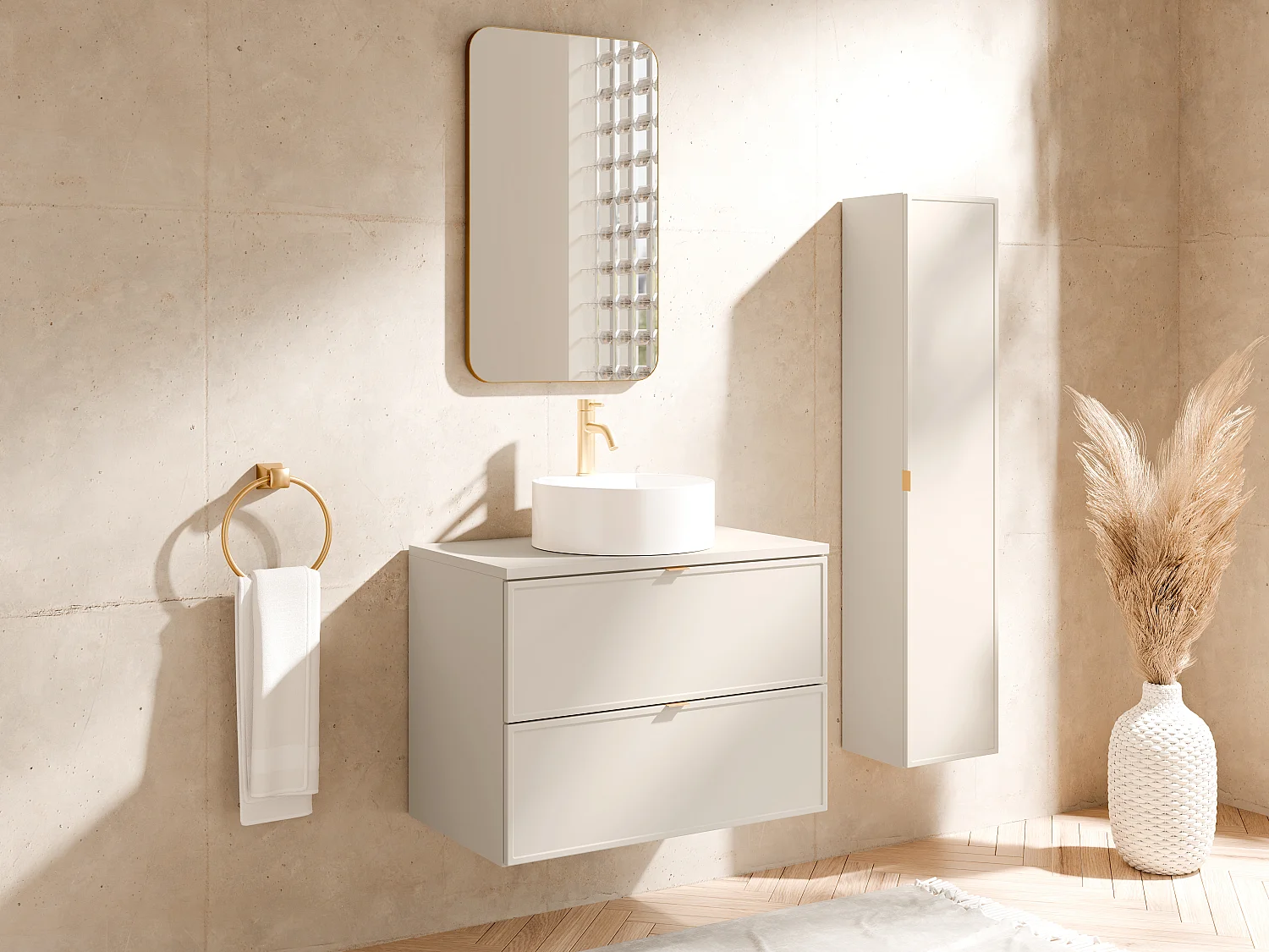 Meuble de salle de bain suspendu avec vasque à poser ronde et colonne - Beige - 80 cm - ONDIL
