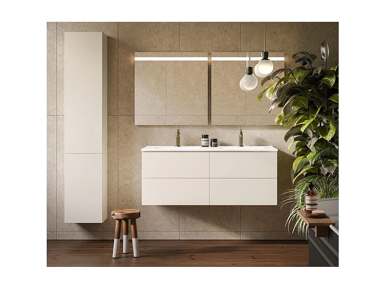 Meuble De Salle De Bain Éthéré, Finition Blanche, 4 Tiroirs Et Double Lavabo