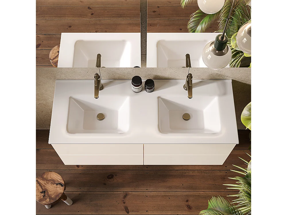 Meuble De Salle De Bain Éthéré, Finition Blanche, 4 Tiroirs Et Double Lavabo