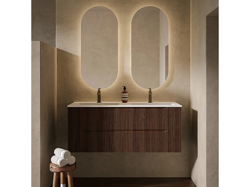 Version Nervurée D’Armoire De Salle De Bain Lynea, Finition Canaletto En Noyer, 4 Tiroirs Et 2 Lavabos