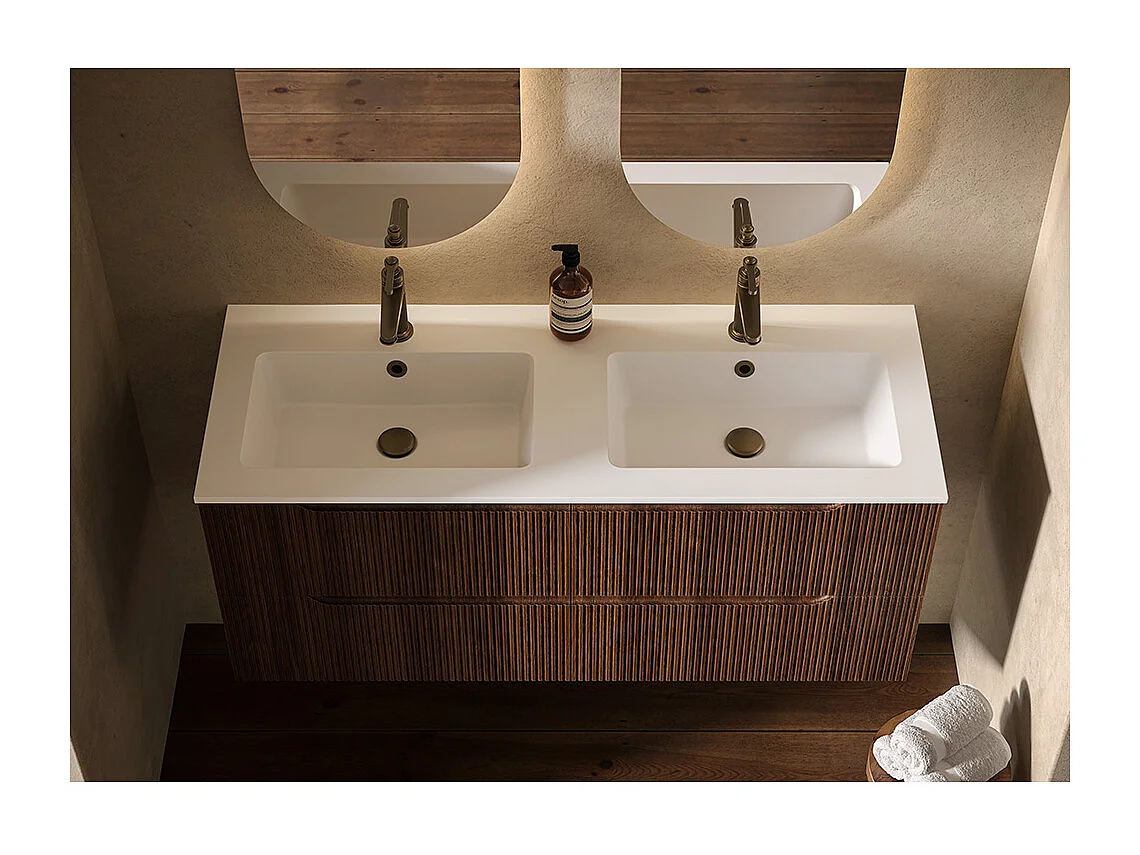 Version Nervurée D’Armoire De Salle De Bain Lynea, Finition Canaletto En Noyer, 4 Tiroirs Et 2 Lavabos