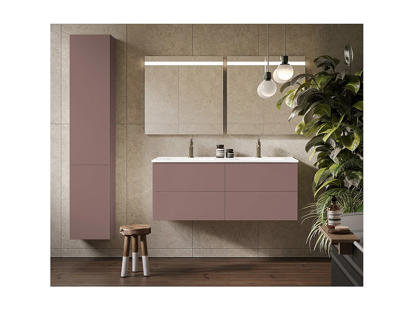 Meuble De Salle De Bain Éthéré, Finition Marron, 4 Tiroirs Et Double Lavabo