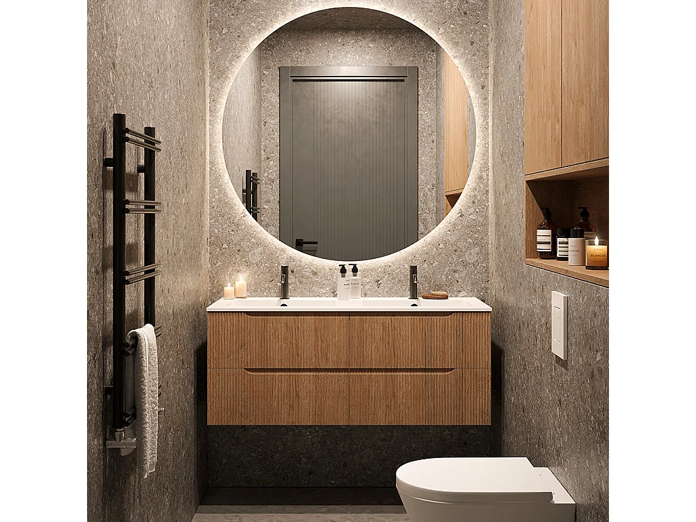 Version Vitrée Lynea Pour Meuble De Salle De Bain, Finition Chêne Naturel, 4 Tiroirs Et 2 Lavabos