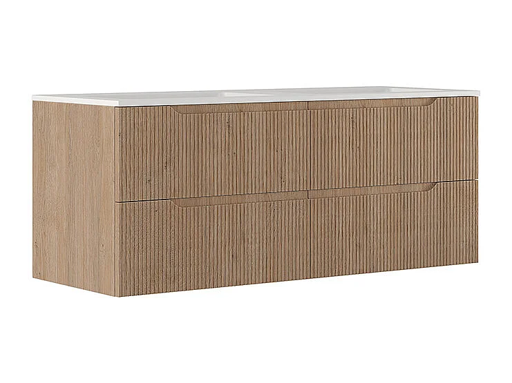 Version Vitrée Lynea Pour Meuble De Salle De Bain, Finition Chêne Naturel, 4 Tiroirs Et 2 Lavabos