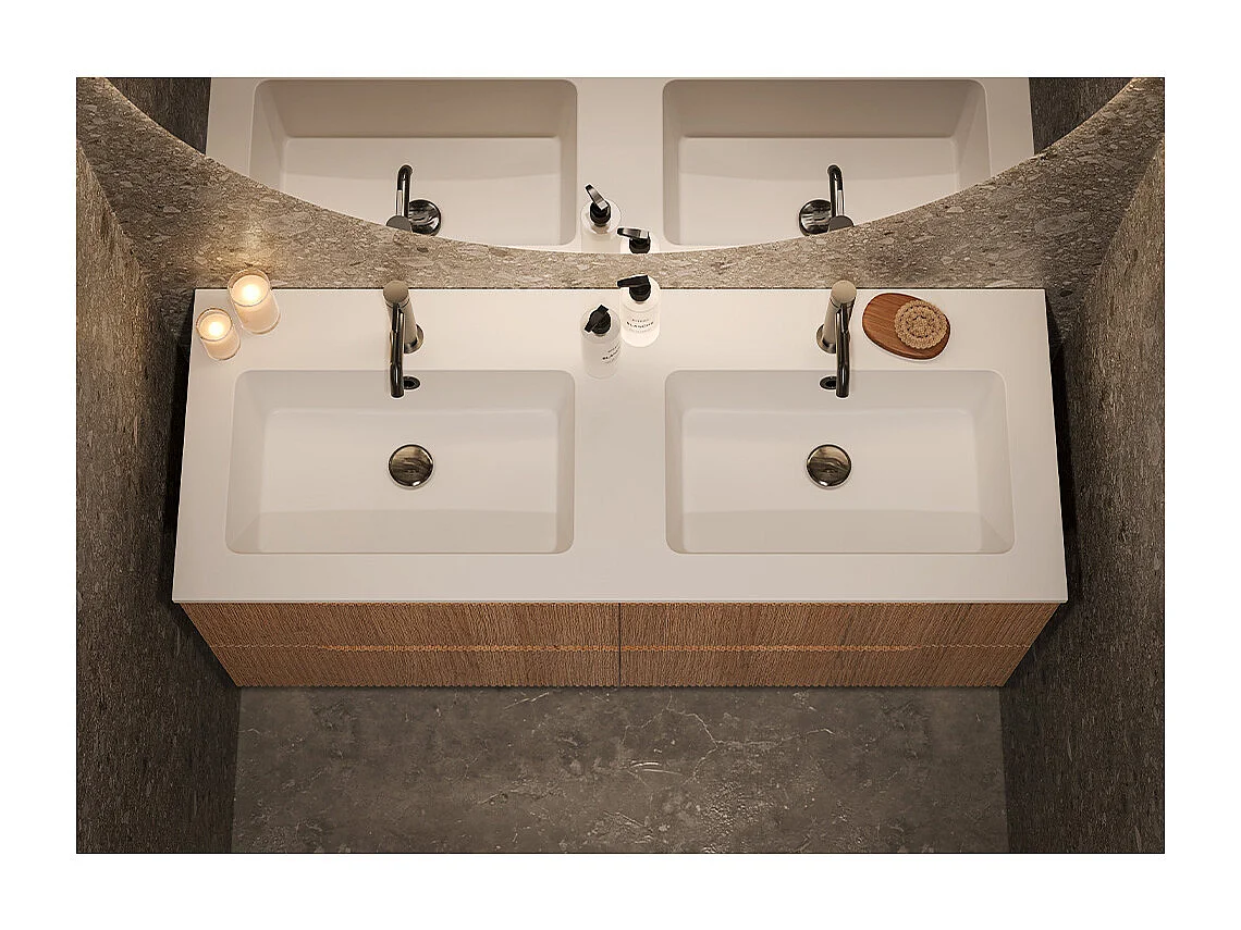 Version Vitrée Lynea Pour Meuble De Salle De Bain, Finition Chêne Naturel, 4 Tiroirs Et 2 Lavabos