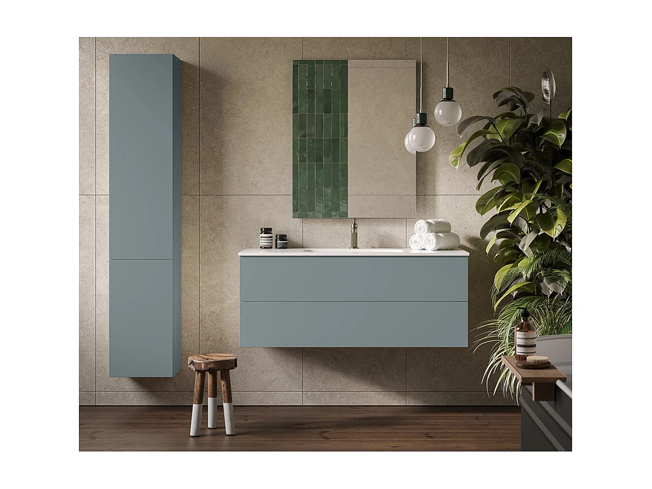 Placard De Salle De Bain Éthéré, Finition Gris Foncé, 2 Tiroirs Et Lavabo Central