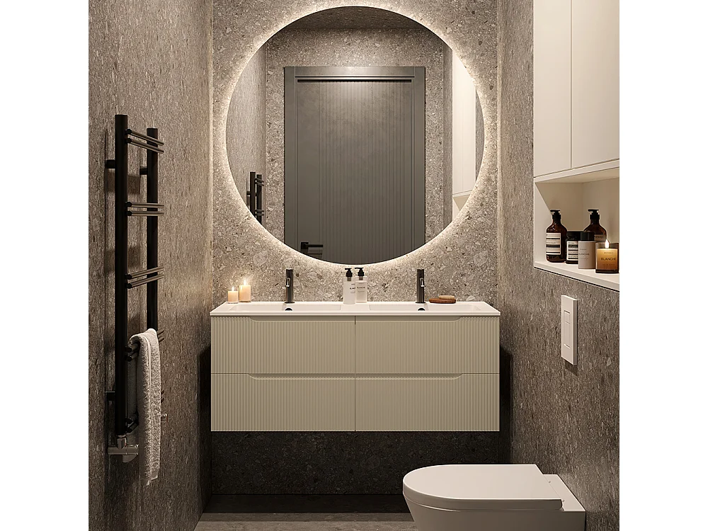 Lynea Badkamerkast Geribde Versie, Dove Grey Afwerking, 4 Lades En 2 Wastafels