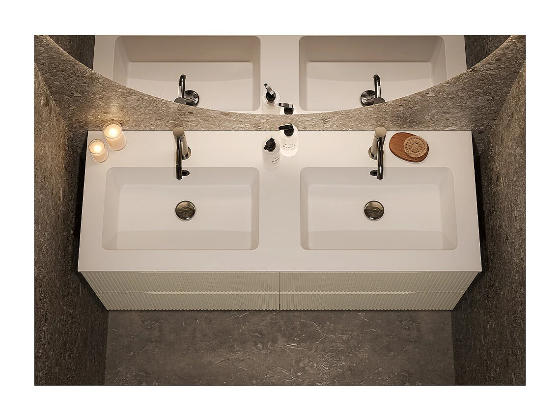 Lynea Badkamerkast Geribde Versie, Dove Grey Afwerking, 4 Lades En 2 Wastafels