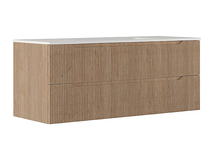 Lynea Badkamerkast Geribbelde Versie, Natuurlijke Eikenhouten Afwerking, 2 Lades En Centrale Wastafel.