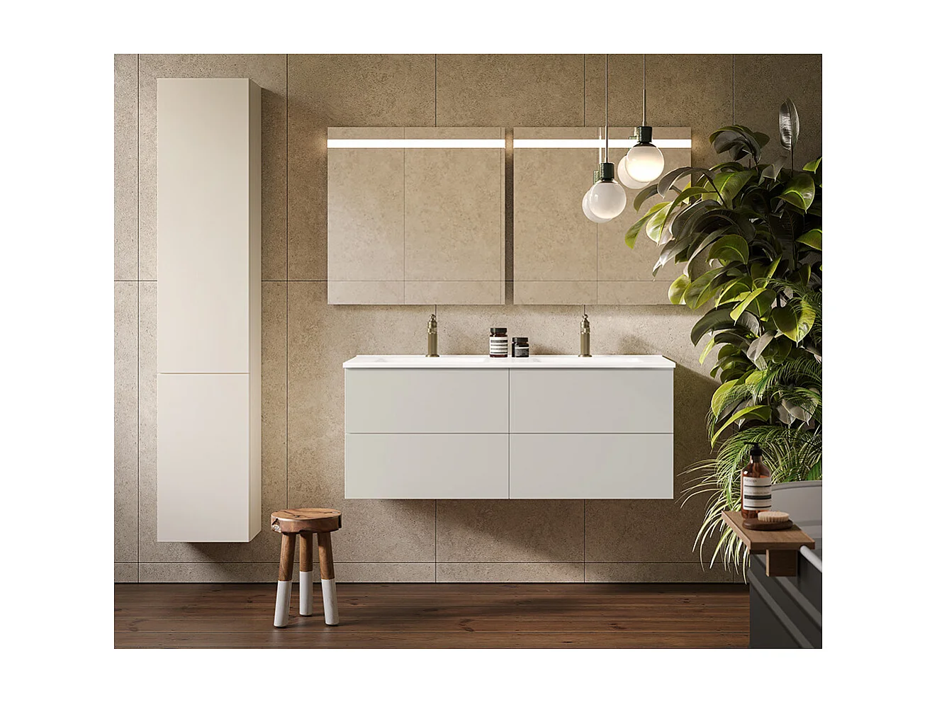 Meuble De Salle De Bain Éthéré, Finition Gris Clair, 4 Tiroirs Et Double Lavabo