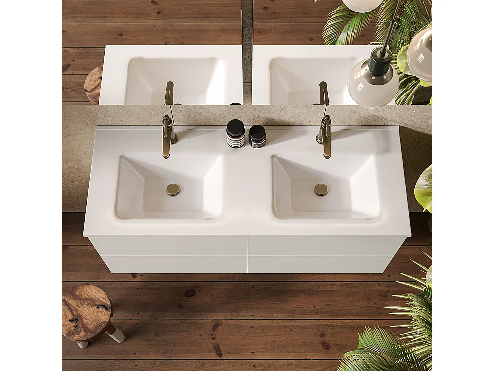 Meuble De Salle De Bain Éthéré, Finition Gris Clair, 4 Tiroirs Et Double Lavabo