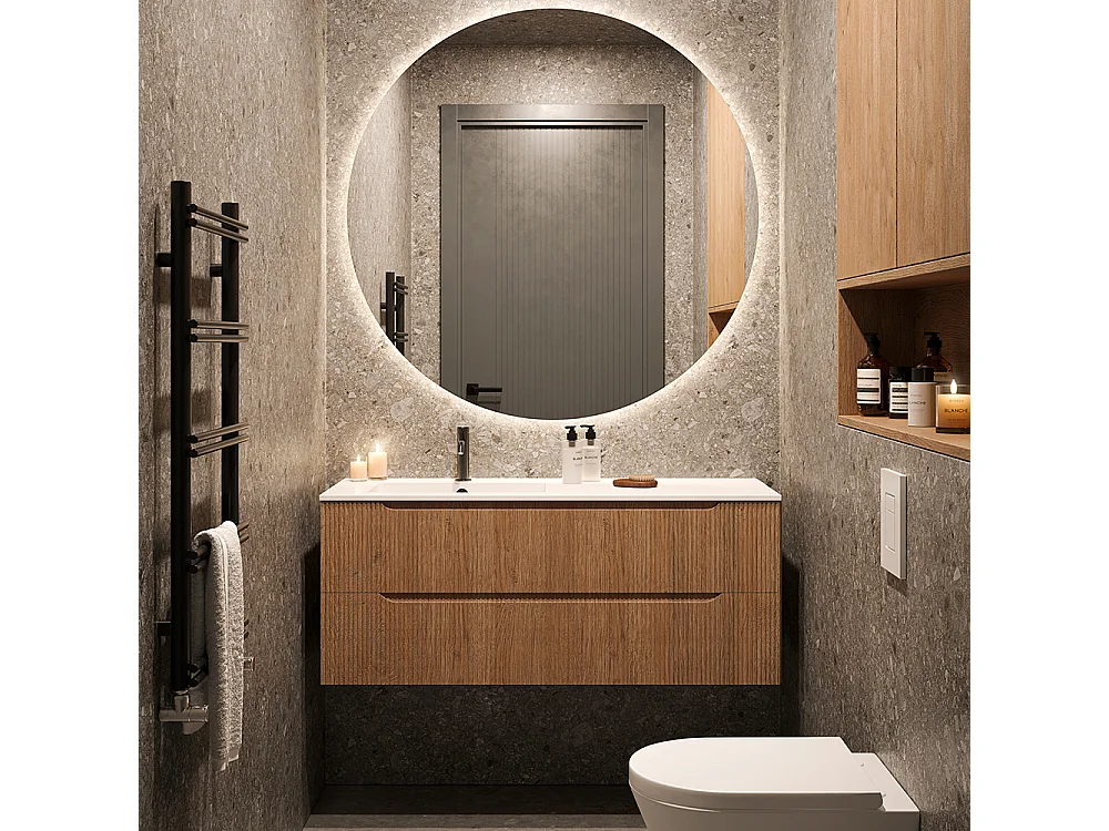 Lynea Badkamerkast Geribbelde Versie, Natuurlijke Eikenhouten Afwerking, 2 Lades En Wastafel Links