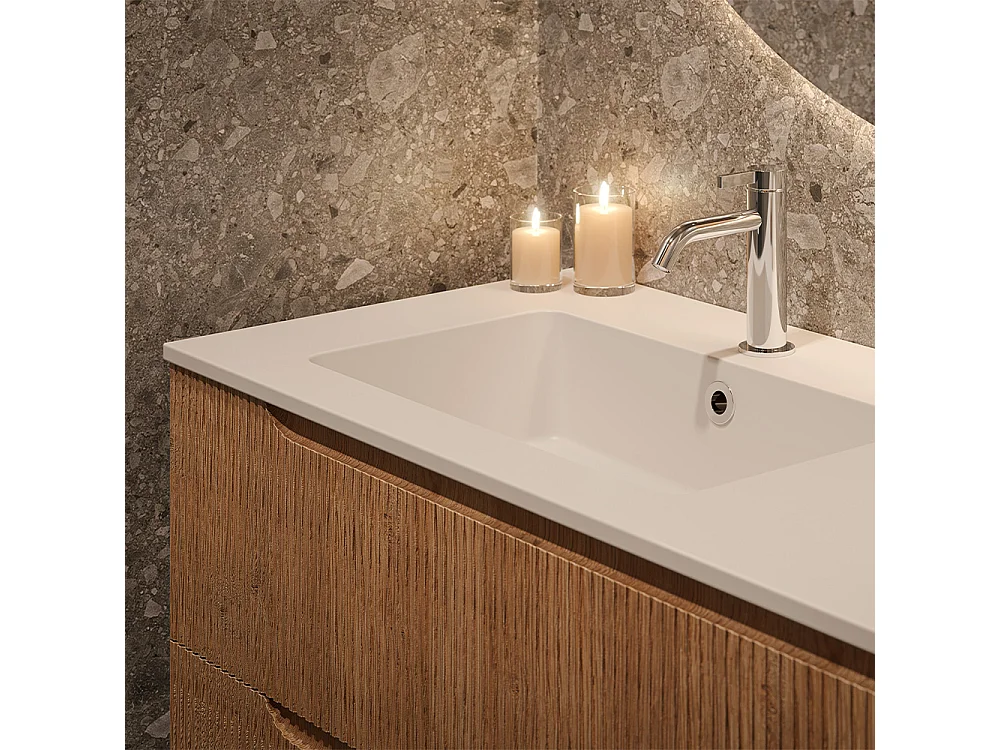 Lynea Badkamerkast Geribbelde Versie, Natuurlijke Eikenhouten Afwerking, 2 Lades En Wastafel Links