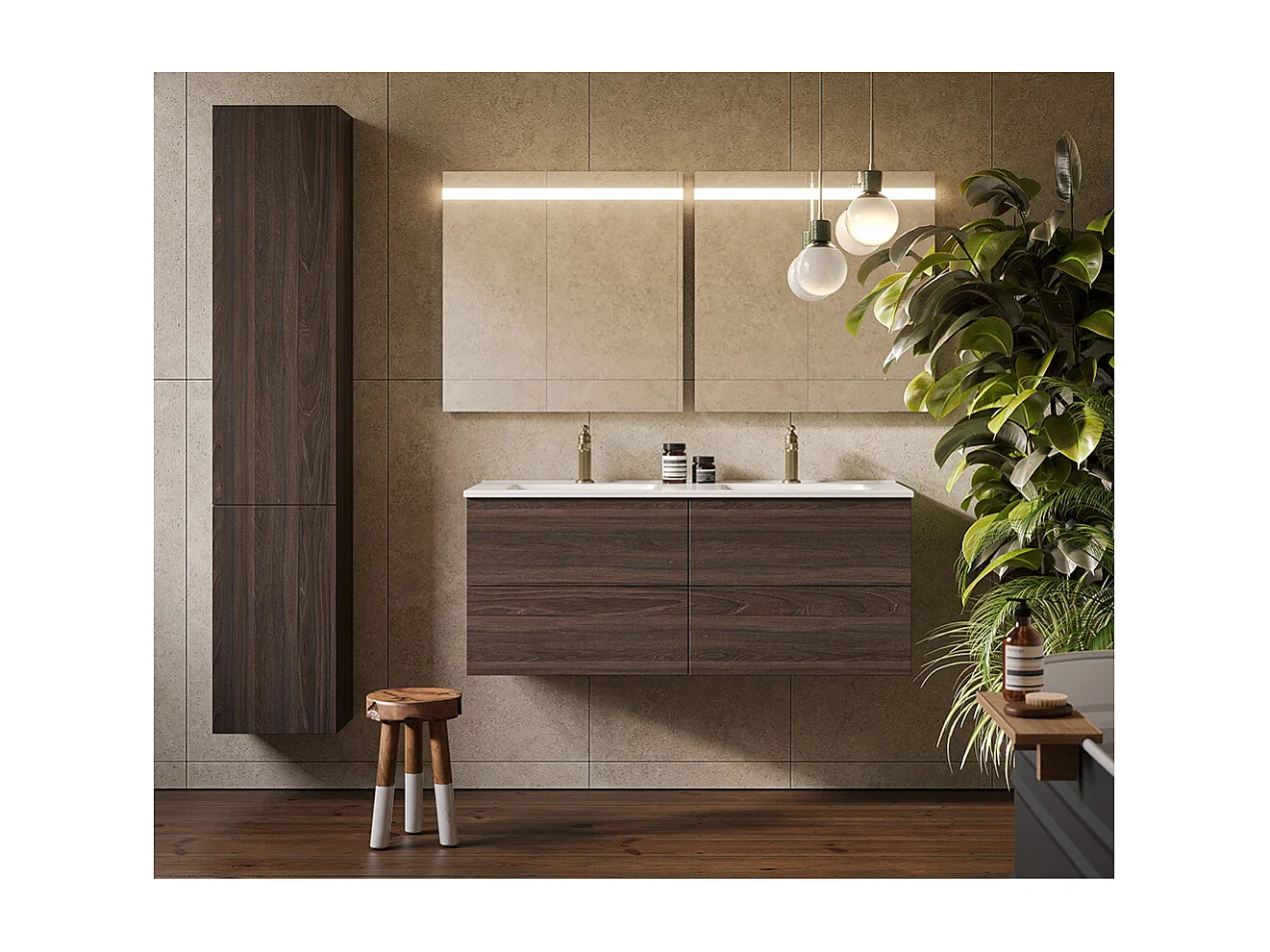 Meuble De Salle De Bain Éthéré, Finition Chêne Foncé, 4 Tiroirs Et Double Lavabo