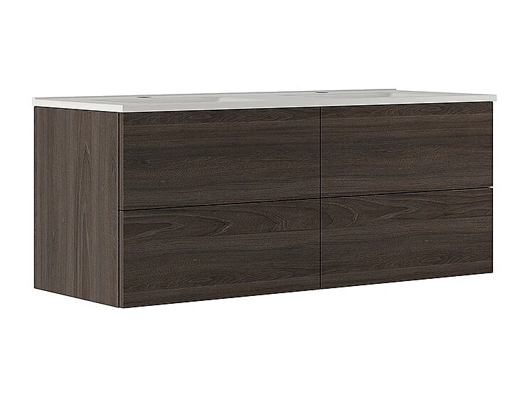 Meuble De Salle De Bain Éthéré, Finition Chêne Foncé, 4 Tiroirs Et Double Lavabo