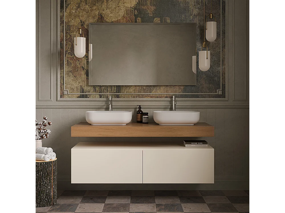 Meuble De Salle De Bain Lumis - 2 Commodes Gris Colombe - Étagère En Chêne Naturel - 2 Lavabos En Céramique - 32X120