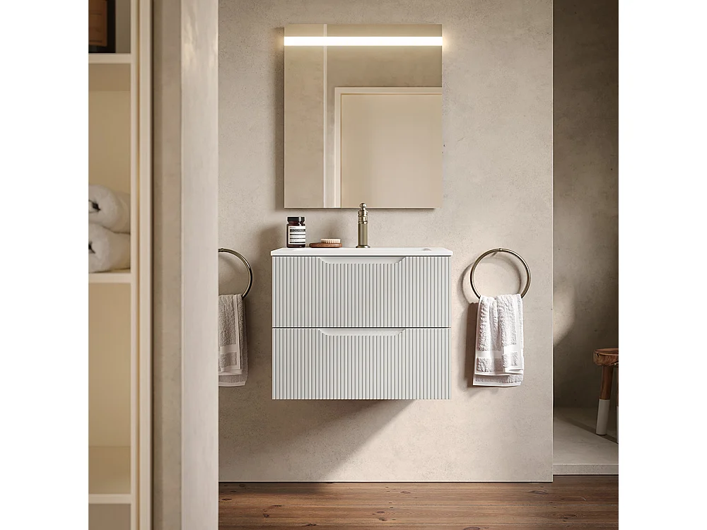 Version Vitrine De Salle De Bain Lynea À Nervures, Finition Gris Clair, 2 Tiroirs Et Lavabo Central