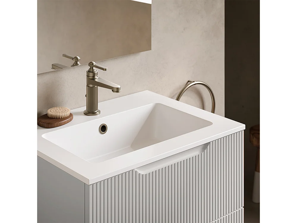 Version Vitrine De Salle De Bain Lynea À Nervures, Finition Gris Clair, 2 Tiroirs Et Lavabo Central