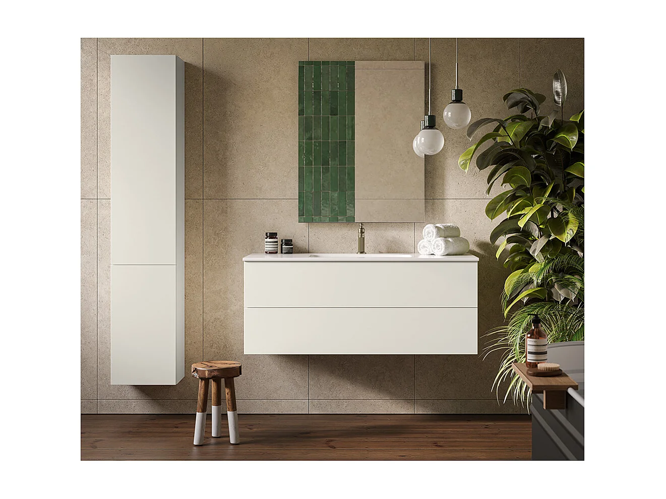 Meuble De Salle De Bain Éthéré, Finition Gris Clair, 2 Tiroirs Et Lavabo Central