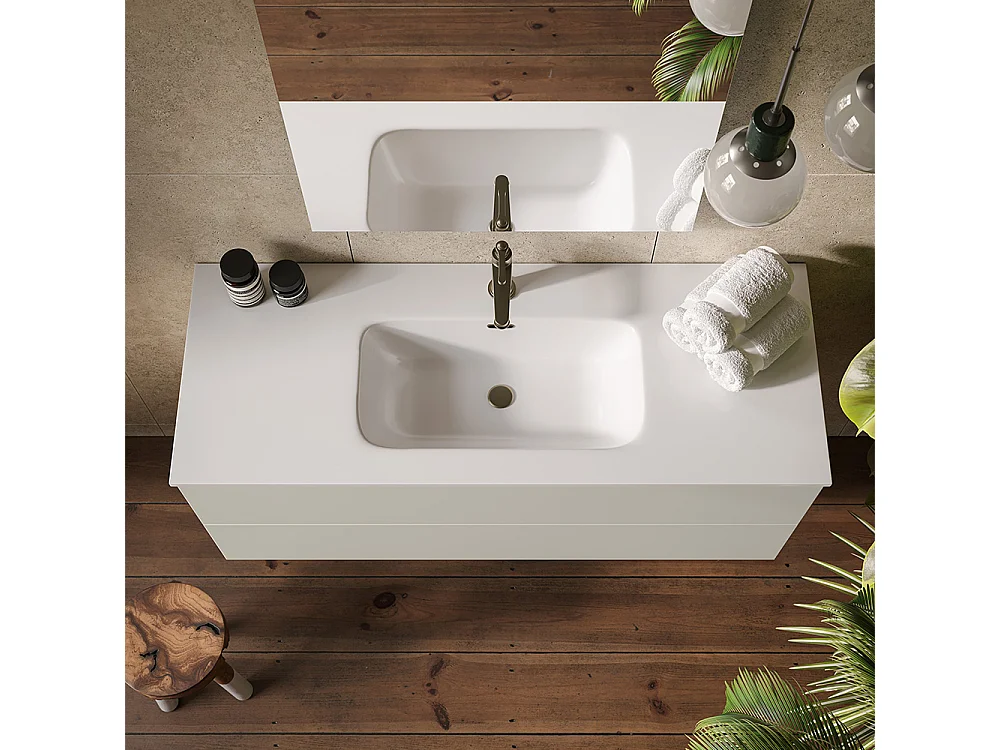 Meuble De Salle De Bain Éthéré, Finition Gris Clair, 2 Tiroirs Et Lavabo Central