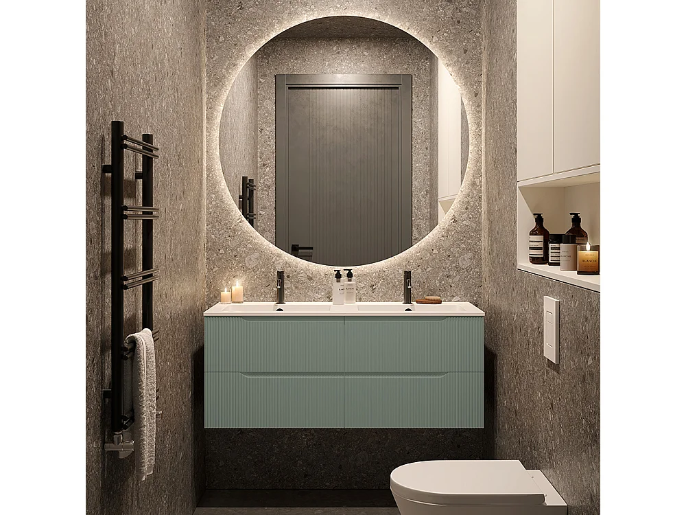 Lynea Badkamerkast Geribbelde Versie, Salieafwerking, 4 Lades En 2 Wastafels