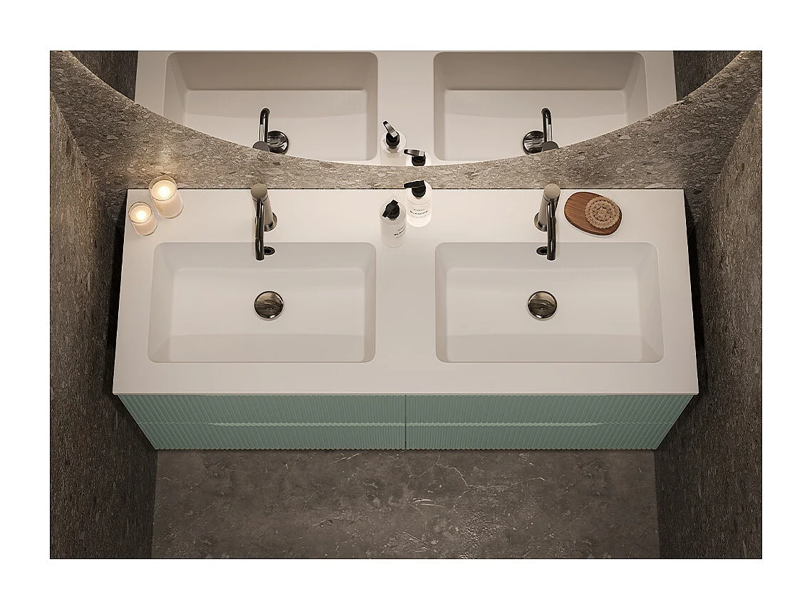 Lynea Badkamerkast Geribbelde Versie, Salieafwerking, 4 Lades En 2 Wastafels