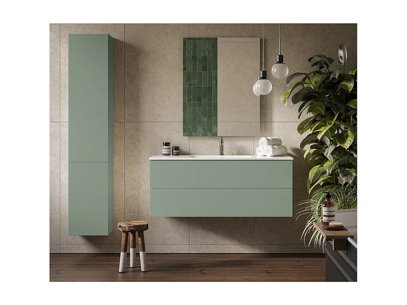 Etherische Badkamerkast, Salieafwerking, 2 Lades En Centrale Wastafel