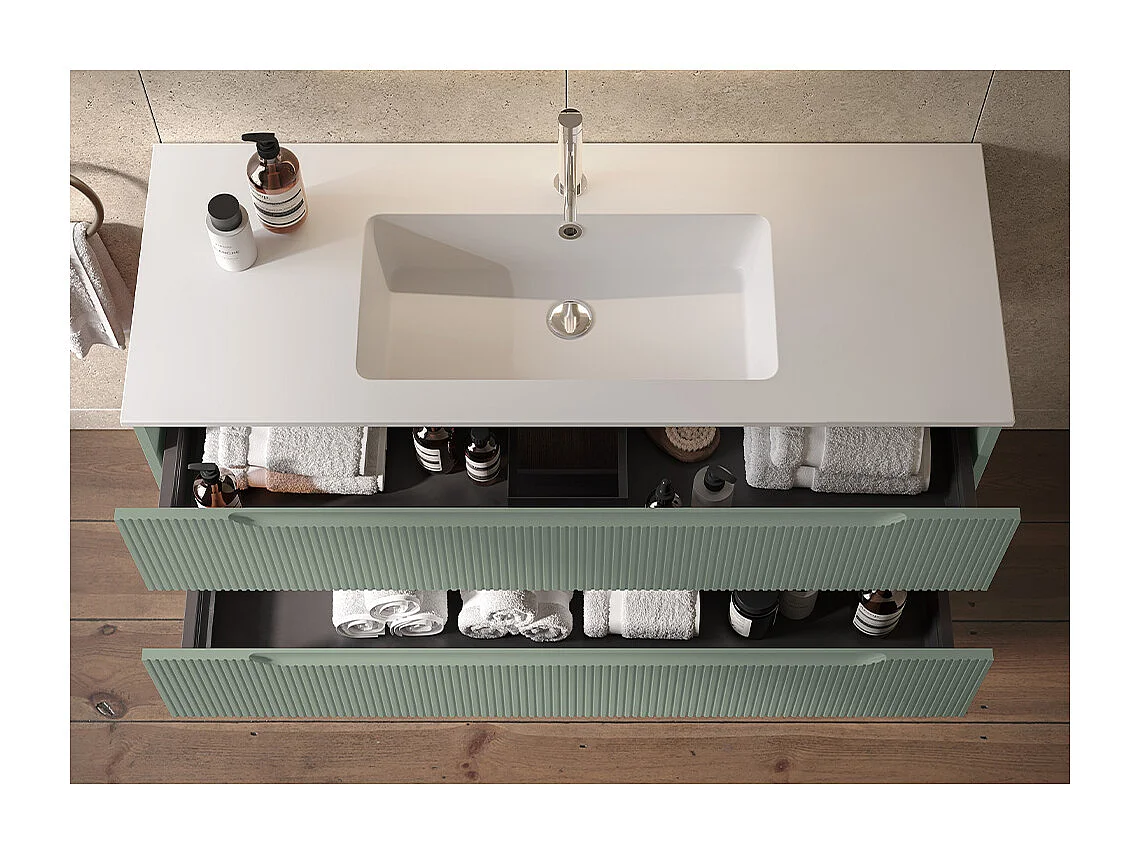 Lynea Badkamerkast Geribbelde Versie, Salieafwerking, 2 Lades En Centrale Wastafel