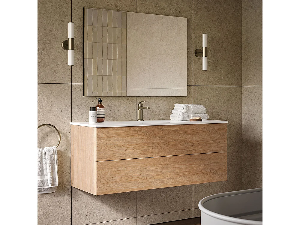 Etherische Badkamerkast, Natuurlijke Eikenhouten Afwerking, 2 Lades En Centrale Wastafel