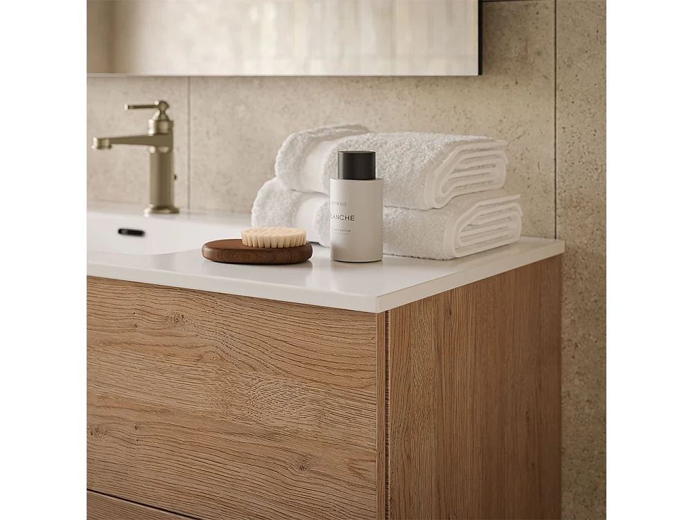 Etherische Badkamerkast, Natuurlijke Eikenhouten Afwerking, 2 Lades En Centrale Wastafel