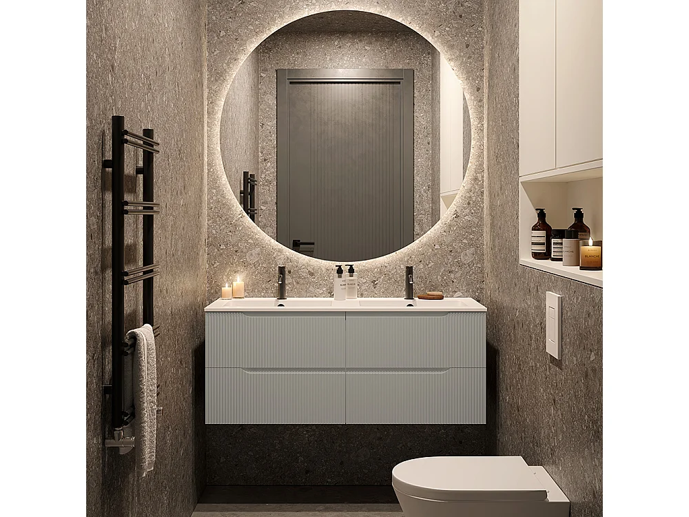 Version Vitrée Lynea Salle De Bain, Finition Gris Clair, 4 Tiroirs Et 2 Lavabos