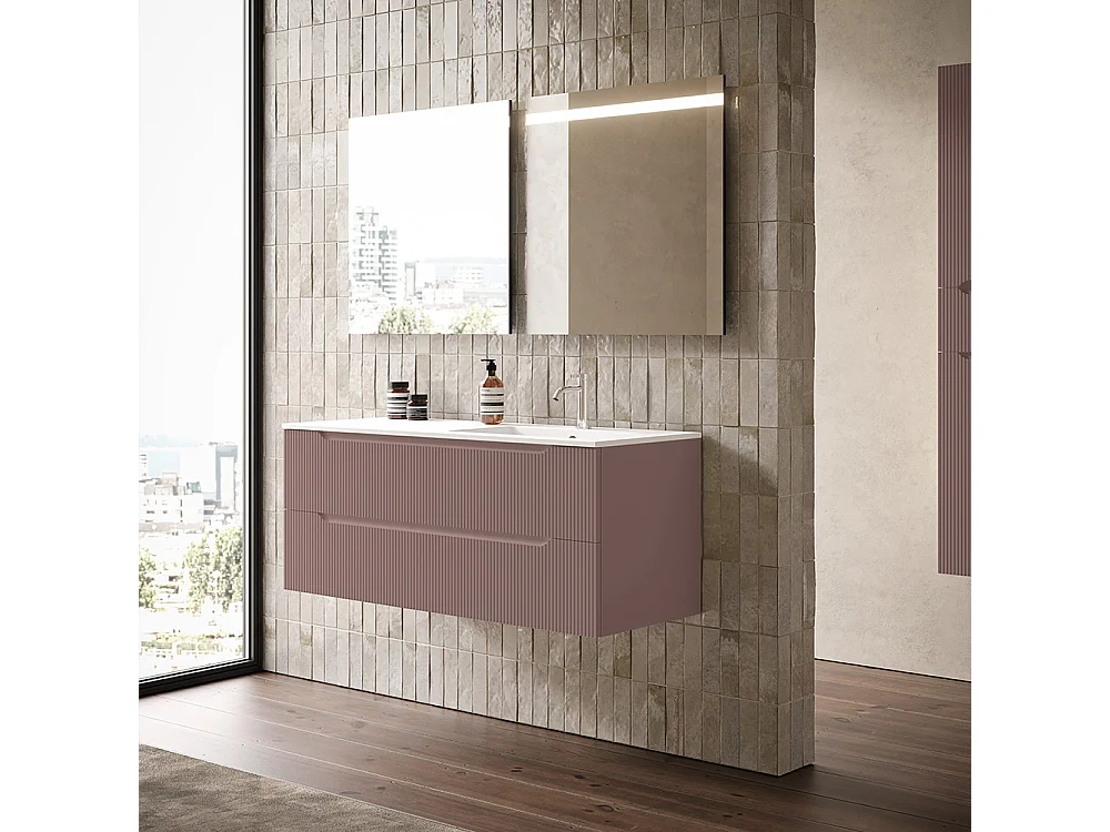 Lynea Badkamerkast Geribde Versie, Bruine Afwerking, 2 Lades En Wastafel Rechts