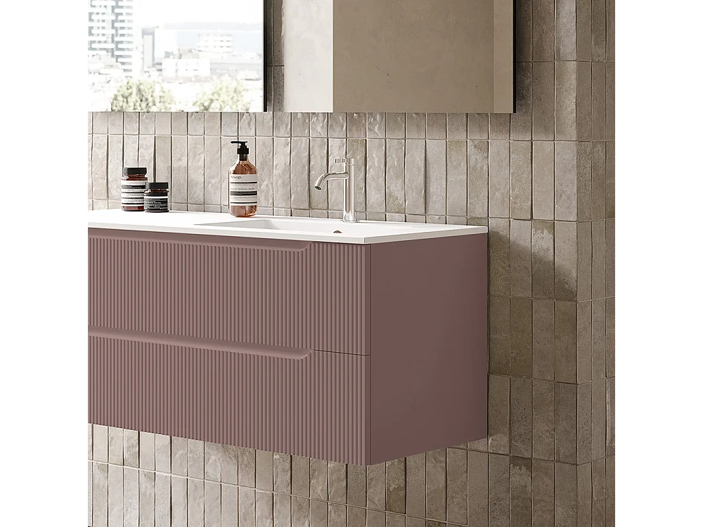 Lynea Badkamerkast Geribde Versie, Bruine Afwerking, 2 Lades En Wastafel Rechts