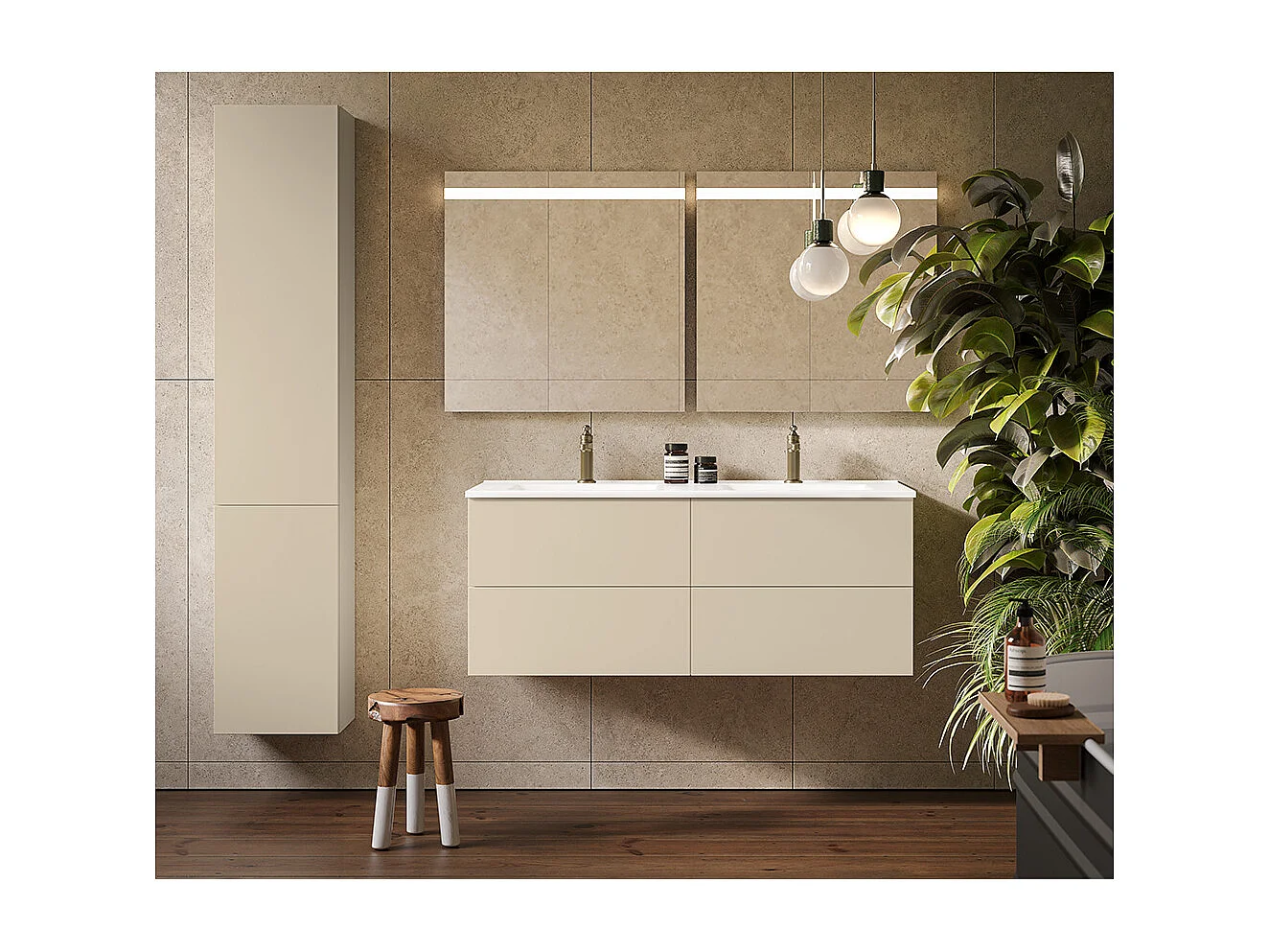 Etherische Badkamerkast, Duifgrijs Afwerking, 2 Lades En Centrale Wastafel