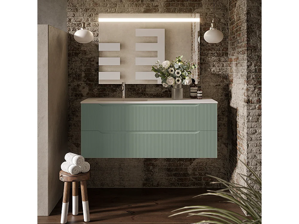 Lynea Badkamerkast Geribbelde Versie, Salieafwerking, 2 Lades En Wastafel Links