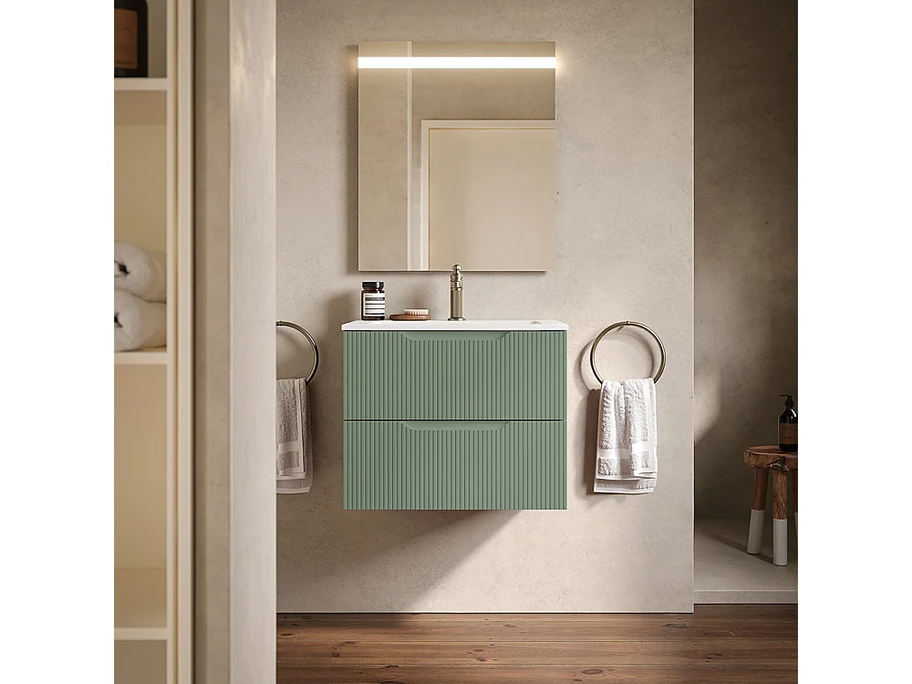 Lynea Badkamerkast Geribbelde Versie, Salieafwerking, 2 Lades En Centrale Wastafel