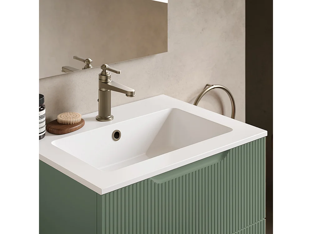 Lynea Badkamerkast Geribbelde Versie, Salieafwerking, 2 Lades En Centrale Wastafel