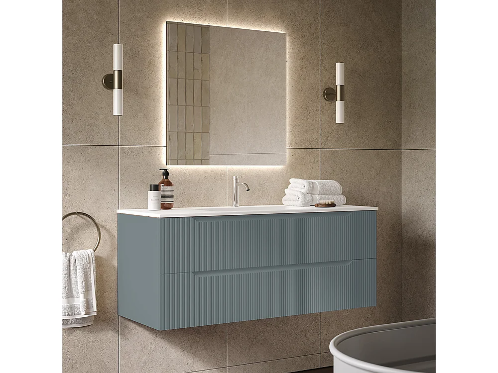 Version Vitrée Lynea À Nervures, Finition Gris Foncé, 2 Tiroirs Et Lavabo Central