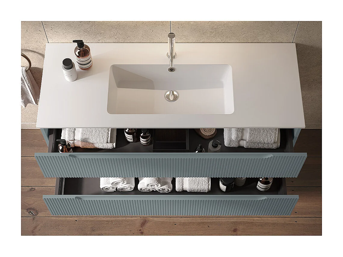 Version Vitrée Lynea À Nervures, Finition Gris Foncé, 2 Tiroirs Et Lavabo Central