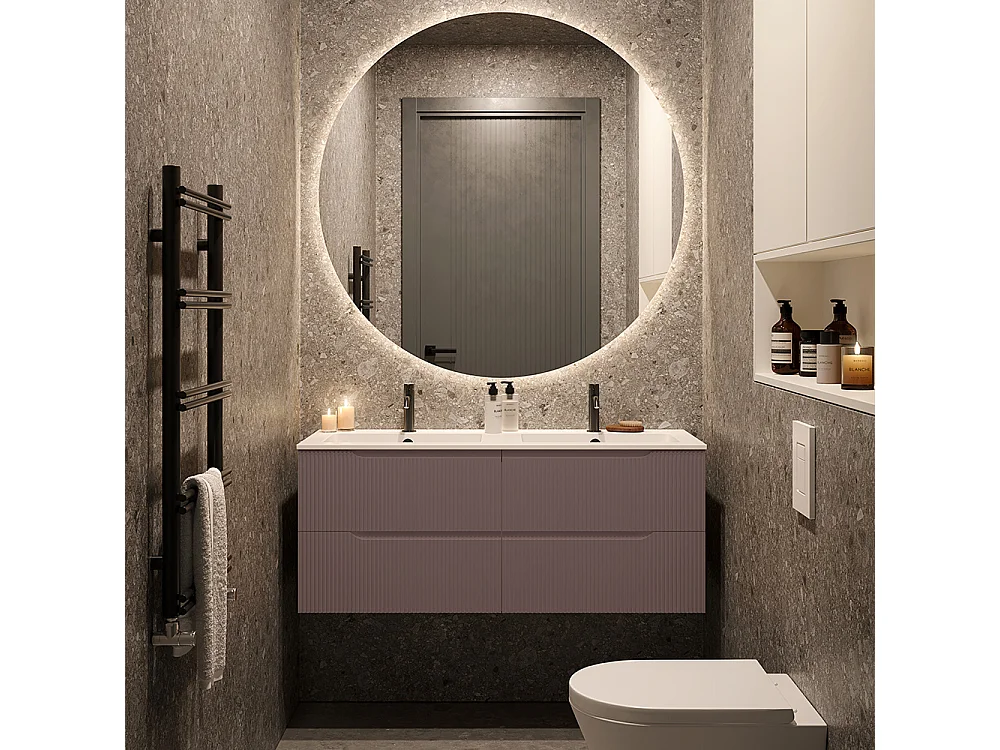 Version Vitrée Lynea Pour Armoire De Salle De Bain, Finition Marron, 4 Tiroirs Et 2 Lavabos