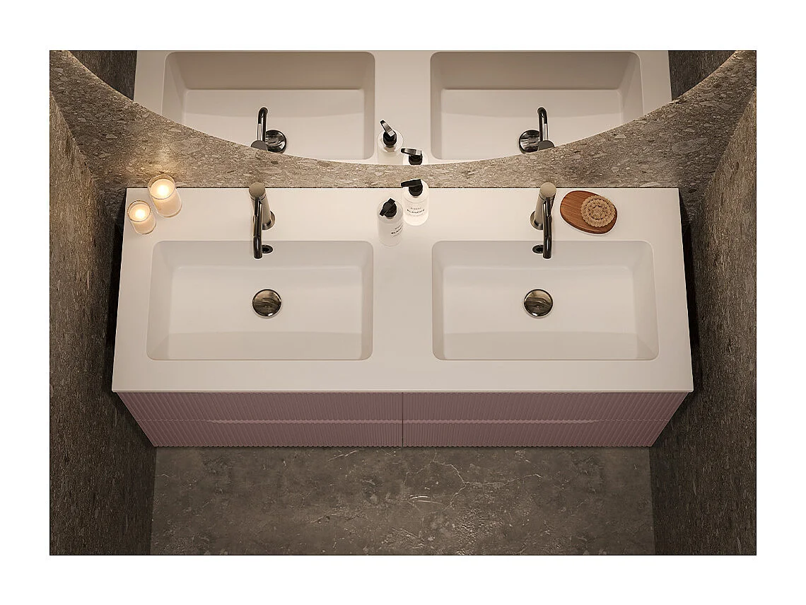 Version Vitrée Lynea Pour Armoire De Salle De Bain, Finition Marron, 4 Tiroirs Et 2 Lavabos