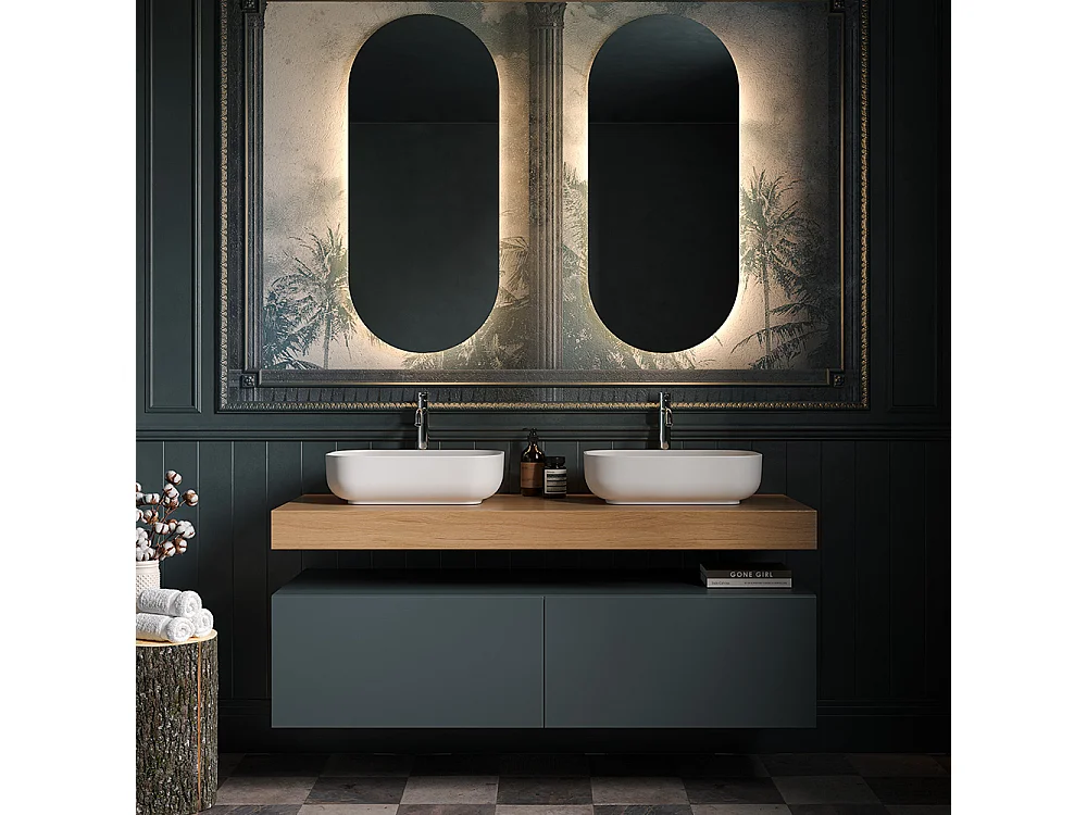 Meuble De Salle De Bain Lumis - 2 Tiroirs Vert Sauge - Étagère En Chêne Naturel - 2 Lavabos En Céramique - 32X120