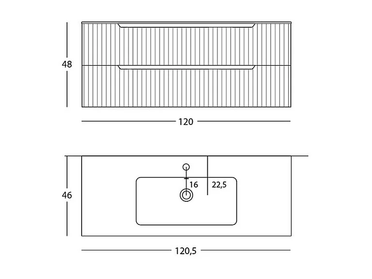 Lynea Badkamerkast Geribbeld Versie, Witte Afwerking, 2 Lades En Centrale Wastafel.