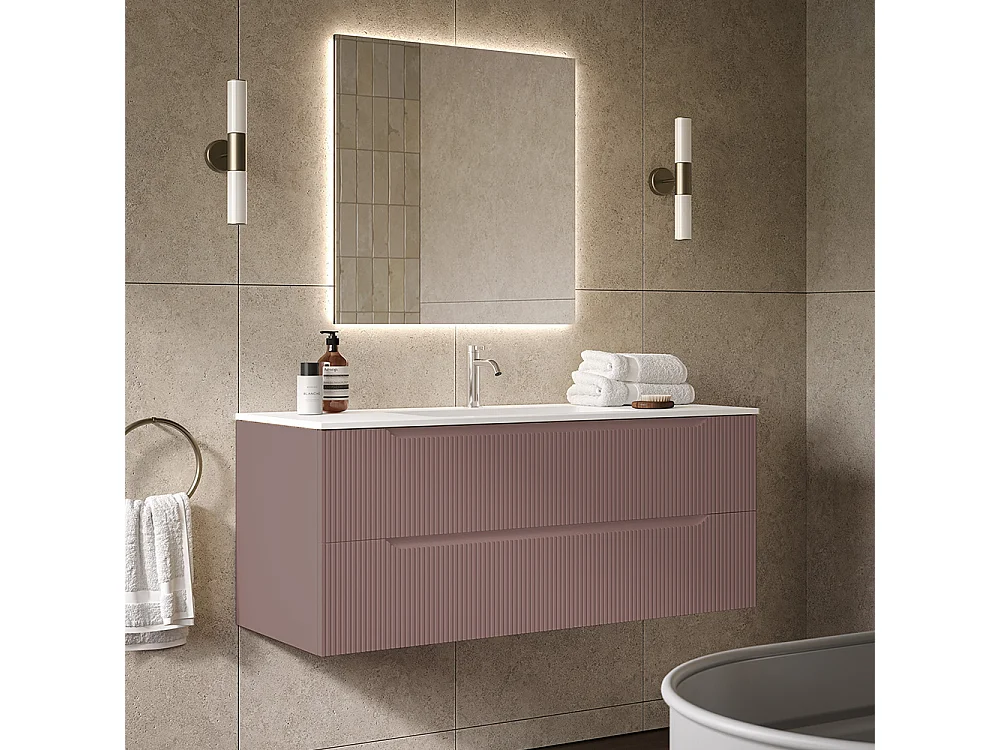 Lynea Badkamerkast Geribde Versie, Bruine Afwerking, 2 Lades En Centrale Wastafel