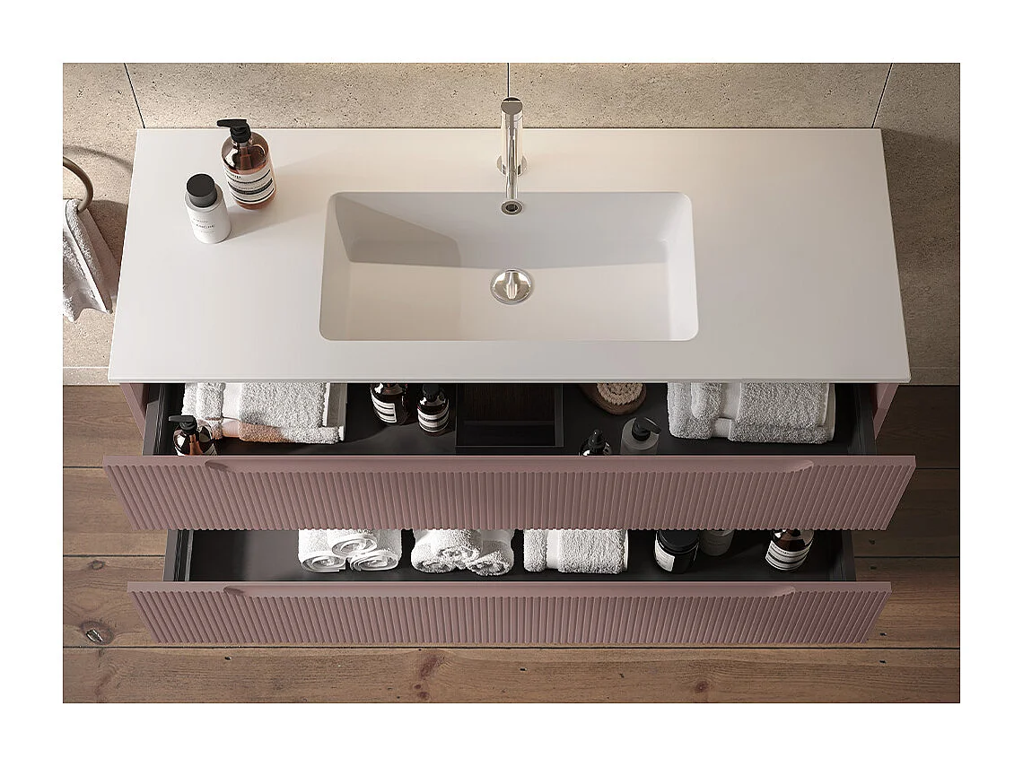 Lynea Badkamerkast Geribde Versie, Bruine Afwerking, 2 Lades En Centrale Wastafel