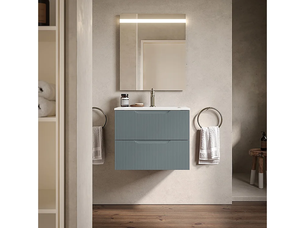 Version Vitrée Lynea À Nervures, Finition Gris Foncé, 2 Tiroirs Et Lavabo Central