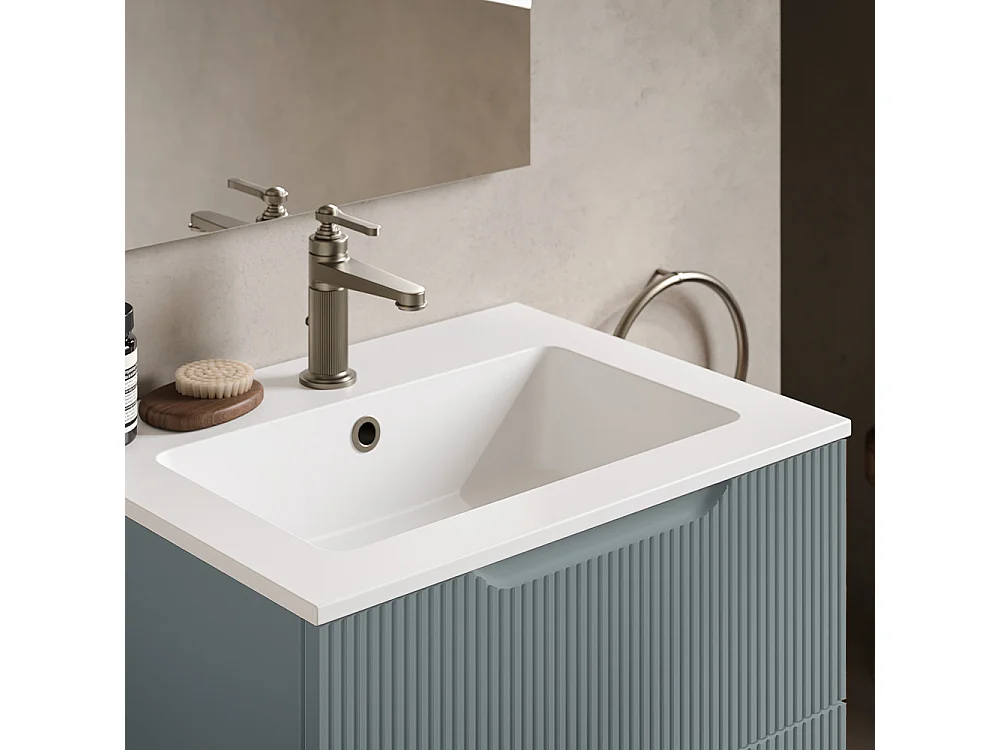 Version Vitrée Lynea À Nervures, Finition Gris Foncé, 2 Tiroirs Et Lavabo Central