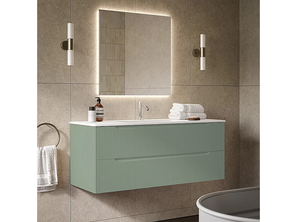 Lynea Badkamerkast Geribbelde Versie, Salieafwerking, 2 Lades En Centrale Wastafel