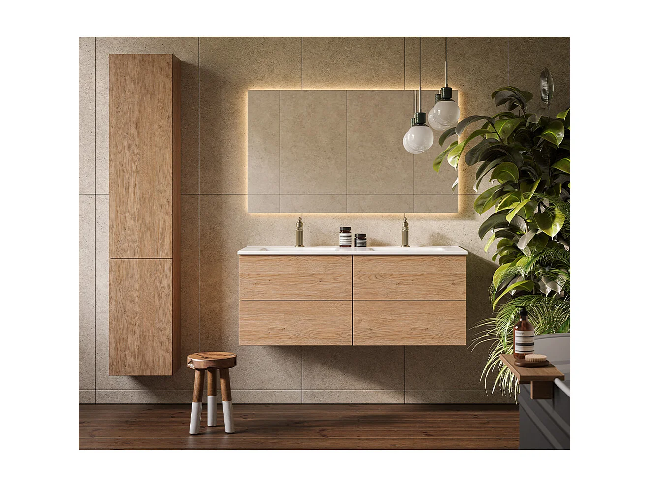 Placard De Salle De Bain Éthéré, Finition En Chêne Naturel, 4 Tiroirs Et Double Lavabo