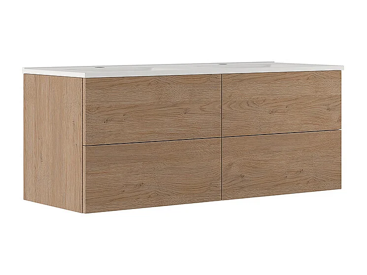 Placard De Salle De Bain Éthéré, Finition En Chêne Naturel, 4 Tiroirs Et Double Lavabo